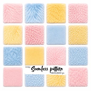 Op de afbeelding: Een verzameling van zestien vierkante stalen met verschillende texturen in pastelroze, lichtblauw en zachtgeel. De texturen omvatten lang imitatiebont, korte pool en krullend fleece. De tekst Seamless pattern 300dpi 3600x3600 px is zichtbaar.