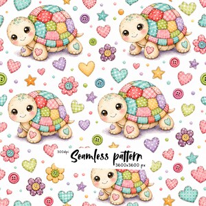 Kawaii Patchwork Turtle Seamless Pattern, Cute Nursery Digital Paper, Pastel Quilt Fabric Print, Watercolor Clipart