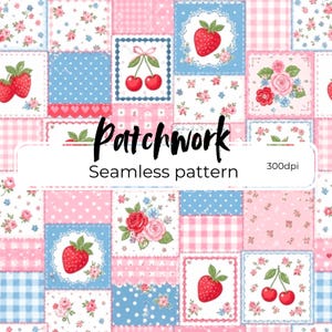 Puede incluir: Un patrón de patchwork sin costuras en rosa, azul y blanco. El diseño presenta cuadrados con fresas, cerezas, rosas y motivos florales. El texto "Patchwork Seamless pattern" se muestra en el centro.