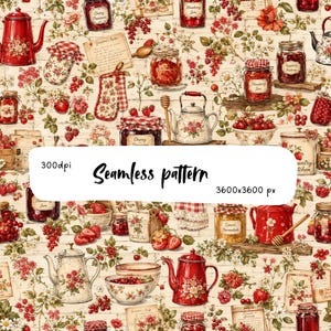 Könnte beinhalten: Ein nahtloses Muster mit einem sich wiederholenden Design aus roten Teekannen, mit Erdbeer- und Kirschkonfitüre gefüllten Gläsern, Schalen mit frischen Beeren, hölzernen Honiglöffeln und handgeschriebenen Rezeptkarten auf einem hellen cremefarbenen Hintergrund mit Text.