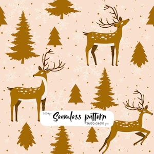 Christmas Reindeer Seamless Pattern, Winter Deer Pine Trees and Snowflakes, Rustic Holiday Digital Paper PNG, Fabric Design