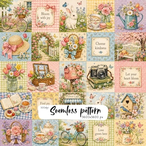 Spring Cottagecore Patchwork Seamless Pattern, Floral Bunny Tea Garden Vintage Gingham Digital Paper PNG