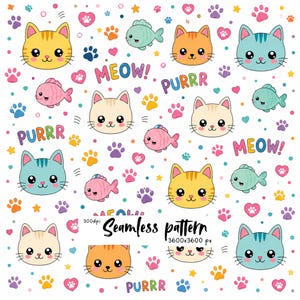Pode incluir: Um padrão contínuo com rostos de gatos em desenho animado nas cores amarelo, laranja, bege e azul, junto com peixes rosas e verdes, pegadas, corações, estrelas e pontos. O texto diz MEOW, PURRR, 300dpi, Seamless pattern e 3600x3600 px.