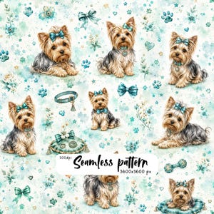 Pode incluir: Um padrão contínuo com ilustrações em aquarela de Yorkshire Terriers com laços, coleiras e pegadas em azul-petróleo sobre um fundo claro. A imagem inclui o texto 300dpi Seamless pattern 3600x3600 px em fonte preta.
