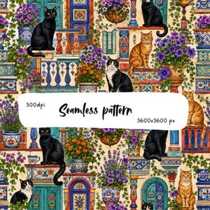 Pode incluir: Um padrão sem costuras apresentando vários gatos, incluindo gatos pretos, laranja e bicolores, sentados entre flores coloridas em vasos, azulejos azuis e brancos ornamentados e elementos arquitetónicos. A imagem inclui o texto 300dpi, Seamless pattern, 3600x3600 px.