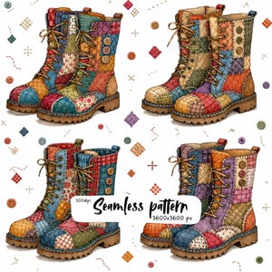 Op de afbeelding: Een naadloos patroon met vier paar veterschoenen met een kleurrijk gewatteerd patchworkontwerp. De laarzen zijn versierd met diverse stoffen vierkantjes in tinten blauw, rood, geel en paars, geaccentueerd door kleine knoopjes en stiksels.