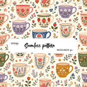 Pode incluir: Um padrão contínuo com várias canecas de cerâmica decoradas com ilustrações florais, de morangos e botânicas coloridas sobre um fundo creme. A imagem inclui o texto 300dpi, Seamless pattern, e 3600x3600 px no centro.