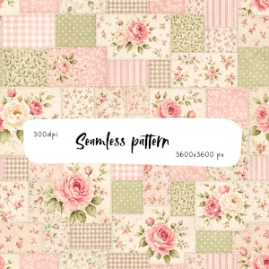 May include: A seamless pattern featuring a patchwork design of pink roses, sage green polka dots, beige gingham, and floral prints. The image includes the text 300dpi, Seamless pattern, and 3600x3600 px overlaid on a white rectangular shape.