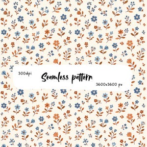 Pode incluir: Um padrão sem costuras com um design floral repetitivo com pequenas flores azuis e cor de laranja sobre um fundo creme. A imagem inclui o texto 300dpi, Seamless pattern e 3600x3600 px sobreposto no centro da ilustração floral.