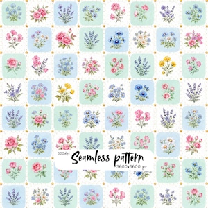 May include: A seamless pattern featuring a grid of rounded squares in light blue and mint green, each containing a unique watercolour floral illustration. Small gold stars are scattered between the squares. Text reads 300dpi Seamless pattern 3600x3600 px.