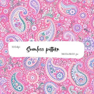 May include: A seamless pattern featuring a vibrant pink background with intricate paisley motifs and floral elements in shades of blue, purple, and white. The image includes text that reads 300dpi, Seamless pattern, and 3600x3600 px.