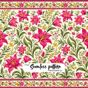 Può includere: Un motivo senza cuciture con vivaci gigli rosa e piccoli fiori gialli su sfondo color crema. Il design include un bordo decorativo con motivi floreali ripetuti e il testo Seamless pattern 300dpi 3600x3600 px.