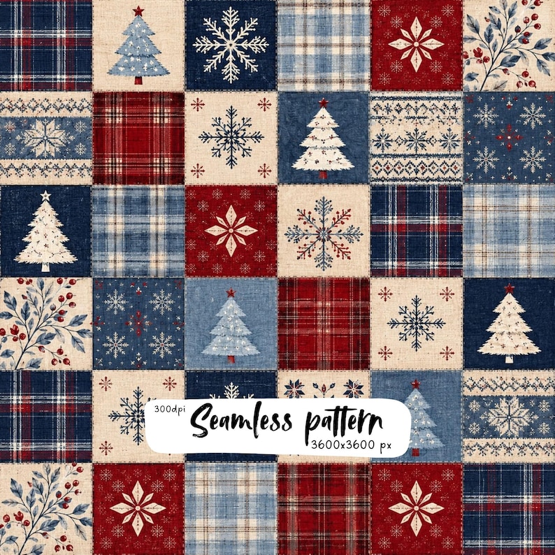 May include: A digital seamless pattern featuring a grid of squares with holiday motifs including white Christmas trees, intricate snowflakes, red and blue plaid textures, and sprigs of red berries on a cream, red, and navy blue background.