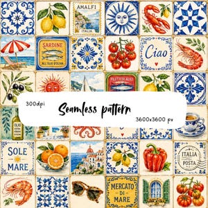 Amalfi Coast Seamless Pattern Mediterranean Tile Patchwork Blue Lemon Seafood Italian Majolica Digital Paper Wallpaper Fabric Printable Arts