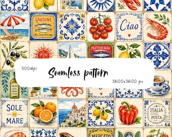 Amalfikusten Sömlöst mönster Medelhavskakel Patchwork Blå Citron Skaldjur Italiensk Majolica Digitalt Papper Tapet Tyg Utskrivbar Konst