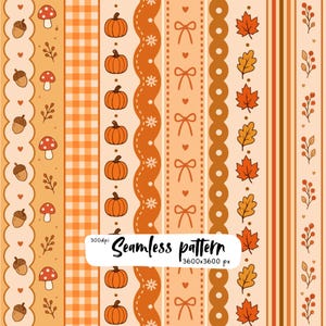 May include: A digital seamless pattern featuring vertical stripes with autumn motifs including orange pumpkins, brown acorns, red mushrooms, maple leaves, berries, bows, and scalloped borders on a light peach background with text 300dpi Seamless pattern 3600x3600 px.