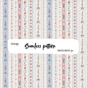 May include: A seamless pattern featuring vertical stripes of red roses, blue bows, red hearts, and red gingham checks on a white background. The design includes the text 300dpi, Seamless pattern, and 3600x3600 px centered in a white overlay.
