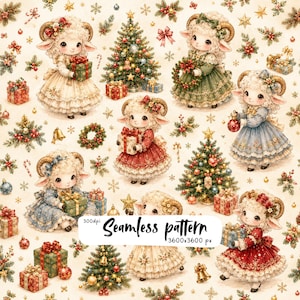 Pode incluir: Um padrão contínuo com ilustrações de cordeiros vestidos com saias segurando presentes de Natal, intercalados com árvores decoradas, guirlandas e enfeites sobre um fundo creme. O texto diz: 300dpi Seamless pattern 3600x3600 px.