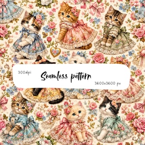 May include: A seamless pattern featuring kittens wearing floral dresses with lace trim, interspersed with pink and blue flowers, bows, and hearts. The image includes the text 300dpi and 3600x3600 px, indicating a digital file for printing.