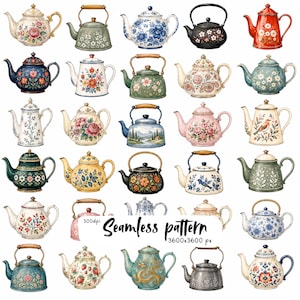 Vintage Watercolor Teapot Collection | Floral Porcelain & Enamel Kettles Clipart | Cottagecore Kitchen, Botanical Tea Pots Set