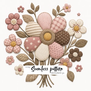 Pode incluir: Uma ilustração digital de um buquê de flores com pétalas de textura de tecido em tons de rosa, marrom e creme com vários padrões como listras, bolinhas e xadrez vichy. O texto diz: Seamless pattern 300dpi 3600x3600 px.