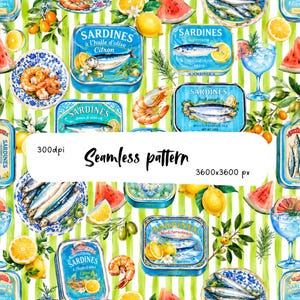 Nahtloses Muster mit mediterranen Sardinen, Aquarelldruck einer portugiesischen Fischdose, Zitronen-Zitrus-Küstenstoff, digitales Papier mit sommerlichen Meeresfrüchten