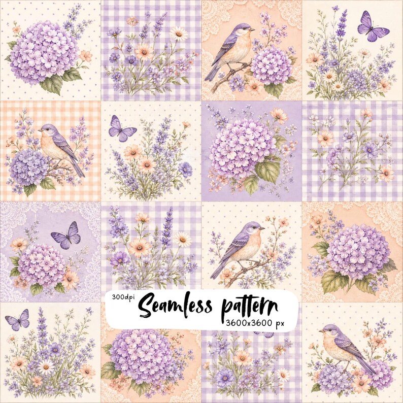 May include: A digital seamless pattern featuring sixteen square tiles with illustrations of purple hydrangeas, lavender, daisies, blue birds, and butterflies on backgrounds of gingham, lace, and polka dots. Text reads 300dpi Seamless pattern 3600x3600 px.