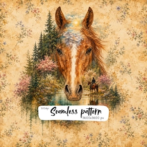 Pode incluir: Um padrão sem costuras com uma cabeça de cavalo castanha com uma mancha branca, sobreposto a uma paisagem de pinheiros, montanhas e um cavaleiro junto a um lago. O fundo é uma textura de pergaminho bege com pequenas flores. Texto: 300dpi Seamless pattern 3600x3600 px.