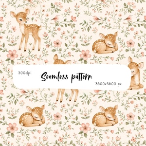 May include: A seamless pattern featuring watercolor illustrations of brown fawns and small pink birds amidst green leafy branches and pink flowers on a cream background. Text overlay reads 300dpi, Seamless pattern, and 3600x3600 px.
