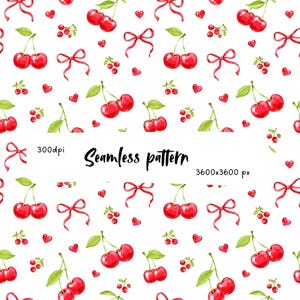 Puede incluir: Un patrón sin costuras con ilustraciones en acuarela de cerezas de color rojo brillante con hojas verdes, pequeños corazones rojos y lazos de cinta roja sobre un fondo blanco. El texto 300dpi, Seamless pattern y 3600x3600 px está centrado.