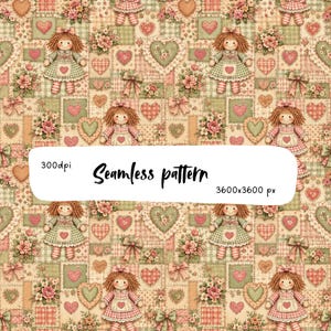 Op de afbeelding: Een naadloos patroon met herhalende illustraties van lappenpoppen met bruin garenhaar, gekleed in groene en roze jurken met hartmotieven, afgewisseld met bloemboeketten, strikken en hartvormen in tinten crème, roze en saliegroen.