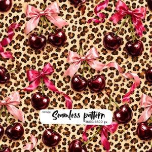 May include: A seamless pattern featuring dark red cherries paired with light pink satin bows against a tan and brown leopard print background. The image includes the text Seamless pattern 300dpi 3600x3600 px in a white rectangular box.