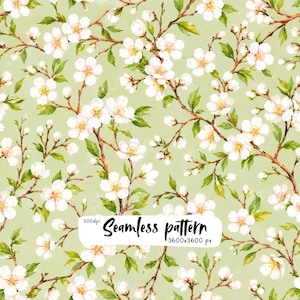 Cherry Blossom Seamless Pattern, White Sakura Flowers on Sage Green, Spring Botanical Fabric Print, Cottagecore Digital Paper