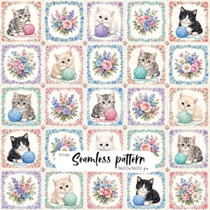 May include: A seamless pattern featuring a grid of alternating squares with illustrations of kittens playing with yarn balls and colorful floral bouquets. The text 300dpi Seamless pattern 3600x3600 px is printed in black on a white rectangular background.