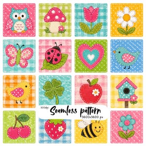 Pode incluir: Um padrão digital sem costuras com dezasseis azulejos quadrados com designs de apliques tipo feltro, incluindo uma coruja, cogumelo, tulipa, margarida, borboleta, joaninha, coração, pássaro, pintainho, trevo, maçã, casa de pássaros, cerejas, morango, abelha e flor.