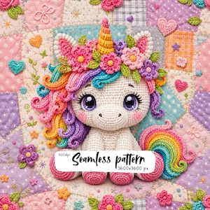 Crochet Unicorn Patchwork Pattern, Rainbow Amigurumi Digital Paper, Floral Kawaii Nursery Fabric, Cute Kids Design
