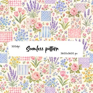 May include: A seamless pattern featuring watercolor illustrations of pink roses, purple lavender, pink tulips, and blue forget-me-nots interspersed with square patches of pink gingham, blue stripes, and white polka dots on a cream background.