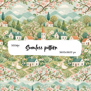 Pode incluir: Um padrão contínuo apresentando uma paisagem com casas brancas, uma igreja, colinas verdes, cerejeiras em flor cor-de-rosa e patos brancos. O texto 300dpi, Seamless pattern, 3600x3600 px está impresso no centro.
