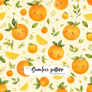 May include: A seamless pattern featuring watercolor illustrations of smiling oranges, orange slices, green leaves, and white blossoms on a pale yellow background. The image includes the text Seamless pattern 300dpi 3600x3600 px.