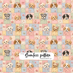 Cute Puppy Patchwork Seamless Pattern, Pastel Dog Digital Paper, Shabby Chic Floral Fabric, Nursery Scrapbook Design