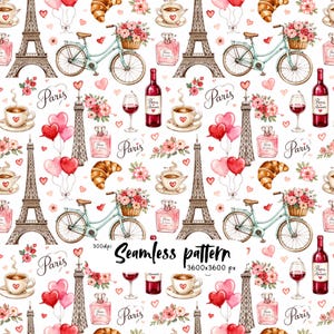Pode incluir: Um padrão contínuo com ilustrações em aguarela da Torre Eiffel, bicicletas azul-claras com cestos de flores, croissants, chávenas de café, frascos de perfume, garrafas de vinho tinto, copos, balões em forma de coração e o texto Paris.