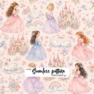Pode incluir: Um padrão sem emendas com ilustrações em aquarela de princesas em vestidos de baile, castelos, cisnes, arco-íris e elementos florais em um fundo rosa claro. A imagem inclui o texto 300dpi Seamless pattern 3600x3600 px.