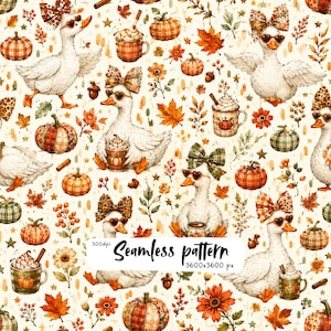 May include: A seamless pattern featuring white ducks wearing heart-shaped sunglasses and patterned bows, interspersed with orange pumpkins, autumn leaves, and mugs of whipped cream. The text "Seamless pattern 300dpi 3600x3600 px" is visible.
