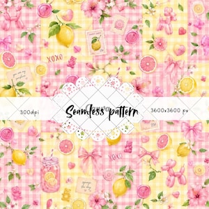 Pode incluir: Um padrão contínuo com fundo xadrez vichy rosa e amarelo decorado com ilustrações em aguarela de limões, flores de hibisco rosa, animais de balão, laços rosa, ursinhos de goma, selos de cera e selos postais com texto.