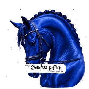 Imágenes prediseñadas de caballos de doma clásica azul real, JPG ecuestre elegante, retrato de caballo cobalto, arte digital de caballos de lujo