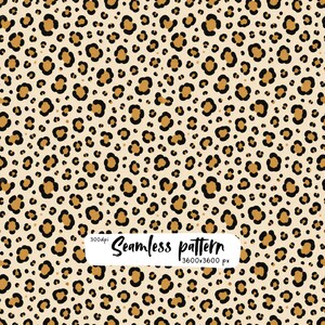 Pode incluir: Um padrão de leopardo sem costuras com manchas castanhas e contornos pretos sobre um fundo creme. Uma etiqueta retangular branca no centro apresenta o texto 300dpi Seamless pattern 3600x3600 px em letras cursivas e de imprensa pretas.