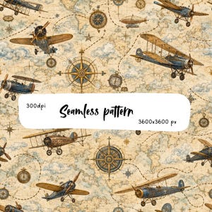 May include: A seamless pattern featuring vintage aeroplanes, airships, and compasses over a beige map background with dotted travel paths. A white overlay in the centre displays the black text 300dpi, Seamless pattern, and 3600x3600 px.