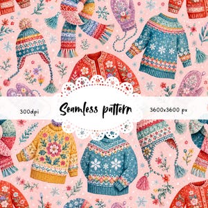 Pode incluir: Um padrão sem costura com roupas de inverno em um fundo rosa. O design inclui suéteres, chapéus, cachecóis e luvas em várias cores como vermelho, azul, amarelo e roxo. O texto "Seamless pattern" também está presente.