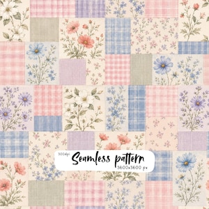 May include: A seamless pattern featuring a patchwork grid of floral illustrations and plaid textures in soft pastel shades of pink, blue, and lavender. The design includes text that reads 300dpi Seamless pattern 3600x3600 px.