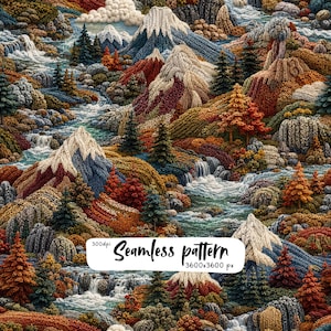 Può includere: Un motivo senza cuciture che presenta un paesaggio testurizzato in stile maglia con montagne, conifere e fiumi in tonalità arancione, marrone, blu e crema. Un'etichetta bianca mostra il testo 300dpi Seamless pattern 3600x3600 px.